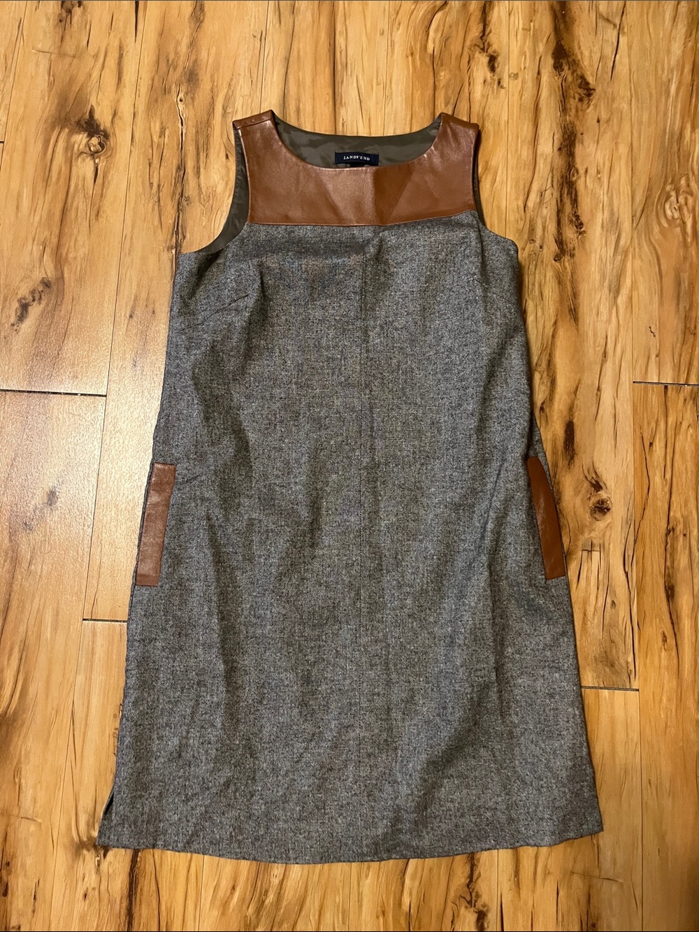 Lands' End Gray Tweed Shift Dress with Brown Leather Accents